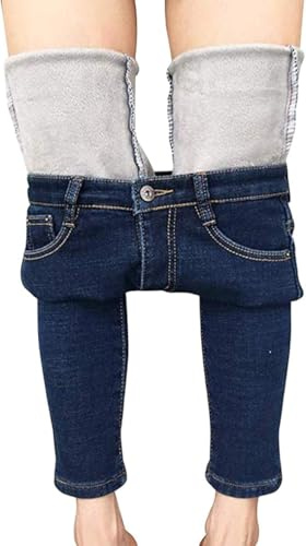 LAEMILIA - Jeggings elásticos de invierno forrados con tejido polar para mujer, pantalones vaqueros ajustados de cintura alta, pantalones de yoga de tela vaquera, azul oscuro, L