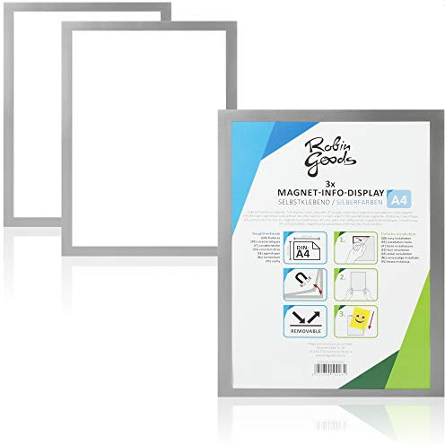 Robin Goods® 3x - DIN A4 Info-Rahmen - Dokument-Halter - selbstklebend mit Magnetverschluss (3x - silberfarben)
