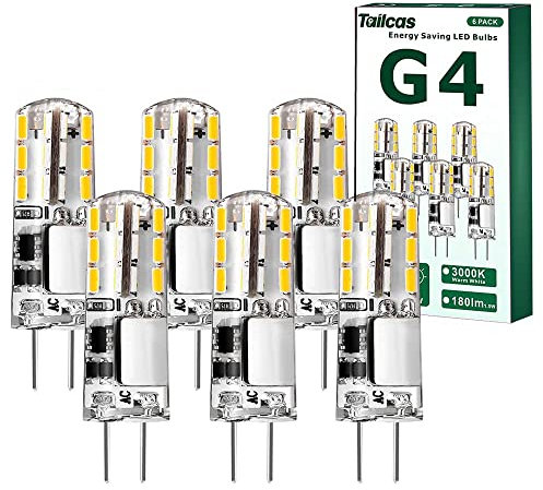 Tailcas G4 LED Lampen, Birnen 1.5W Warmweiß Led G4 Stiftsockel, AC/DC 12V mit 180LM Warmweiss 3000K, Leuchtmittel G4 Glühbirne Ersatz für 20W Halogen Lampen, Nicht Dimmbar Kein Flackern, 6 Stück