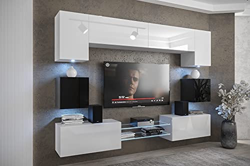 Furnitech Wohnwand Wohnzimmer - Wohnzimmer Möbel mit LED RGB - 16 Farben - Hängend Wohnwand Modern Schrankwand mit Regale und TV Schrank (Nowara ANX1-17WB-HG22-1A)