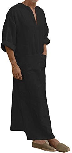 LIOPJH Islamisches traditionelles Jubba Thobe Herren Leinen Muslimische Roben Dubai Arabisch Kaftan Arabisch Kaftan Arabisch Kleid Hijab Kleid Abaya, Schwarz , XXXL