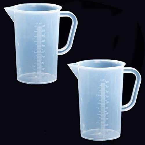 DARENYI 2Pcs Plastic Measuring Jugs 1L Large Clear Measuring Jugs with Handle for Lawn, Pet Food, Motor Oil, Laboratory, Baking