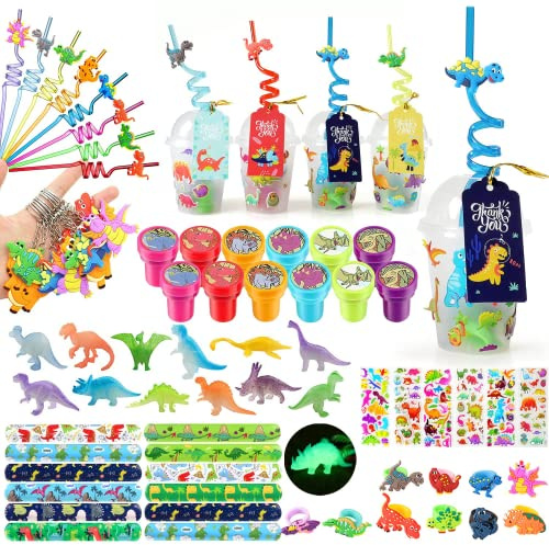 iZoeL Dinosaure Jouet Pinata, 12 Gobelets Pailles Dinosaures, Bracelet Claque Figurine Dinosaure Stickers, Decoration Anniversaire Dinosaure pour Garcon Fille Enfant