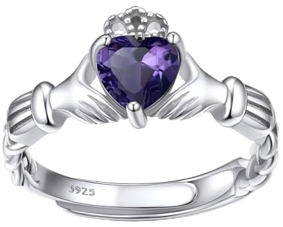 Bestyle 925 Sterling Silver Heart Crytsal Celtic Claddagh Rings | Classic Silver February Amethyst Birthstone Rings for Women, Great Birthday Gift for Daughter/Wife/Mom/Grandma