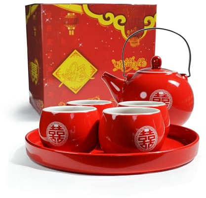 Set regalo da tè cinese Servizio di porcellana Teiera 4 tazze vassoio per adulti, uomini, donne, cerimonia del tè, festa di nozze, decorazione per la casa (doppia felicità)