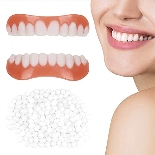 BAtlam Falsche Zähne Veneers Weißer Zahnersatz für Ober- und Unterkiefer Gefälschte Zähne für Frauen Männer Bequeme Flex-Kosmetikzähne, Schutz der Zähne,1er-Set