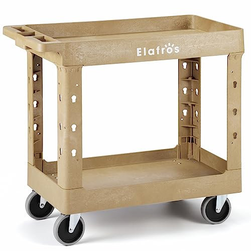 ELAFROS Heavy Duty Plastic Utility Cart 34 x 17 Inch - Work Cart Tub Storage W/Deep Shelves and Full Swivel Wheels Safely Holds up to 550 lbs - 2 Tier Service Cart for Warehouse,Garage, Cleaning,Sand