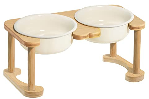 Erhöhter Keramik-Hundenapf, erhöhter Hundenapf mit rutschfestem Ständer, Futternapf für kleine und mittelgroße Hunde, Futternapf-Set für Futter und Wasser (16cm hoch, 800ml, Cremeweiß)