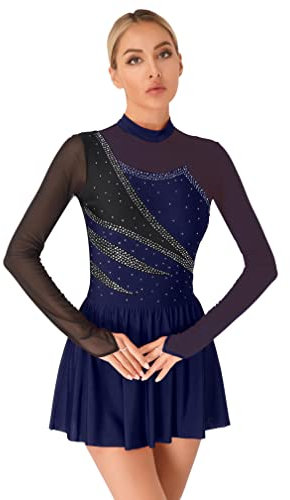 Agoky Damen Eiskunstlauf Kleider Langarm Tanzkleider mit Glitzer Streifen Mesh Spleiß Turnanzug Stehkragen Gymnastikanzug mit Tutu Rock Slip Dancewear Navy blau M