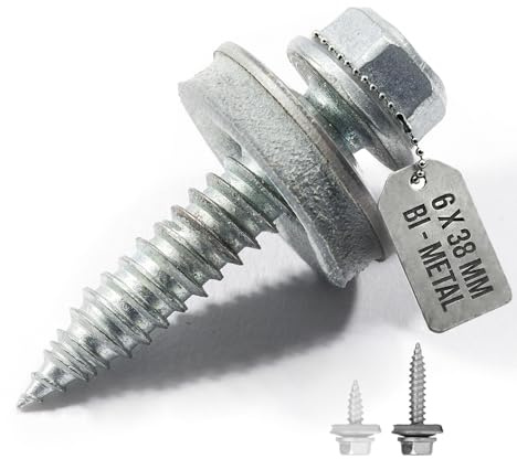 VOOXA 100St Dünnblechschrauben 6x38mm Feingewinde Bi-Metall: A2+Stahlspitze | Bi-Metall Edelstahl A2 mit Stahlspitze | EPDM-Dichtscheibe | 6,0x38mm, SW8, ETA-Zulassung