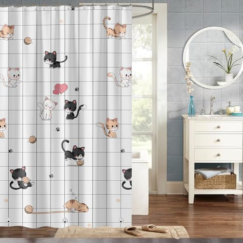 Kunststoff-Duschvorhang, Premium-PVA-4G, mit rostfreien Ösen und 3 beschwerten Magneten, wasserdichte Duschvorhänge für Badezimmer (kleine Katze, 183 x 198 cm)