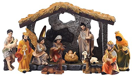 Corlidea Presepe di Natale Set di figurine di presepe in resina per presepe di Natale, stalla presepe con personaggi presepe di Natale per la decorazione della casa di Natale