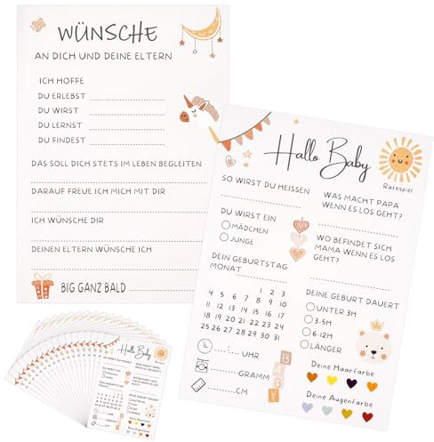 Babyparty Spiele Karten, Babyshower Spiele Karten zum Ausfüllen – Deko Baby Shower Party Spiel Jungen und Mädchen – 20 Tippkarten für die Gender Reveal Feier und Babyparty – Beidseitig Bedruckt