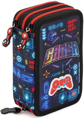 Julian Ross 3-Fach Federmäppchen Jungen Gefüllt - 46 Teile Schulmäppchen Set Gamer - Federtasche mit 3 radierbaren Stiften, Filzstiften, Buntstiften, Videospiel Design