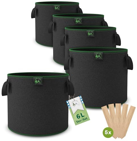 TTL GARDEN 5X 6L Pflanzsack aus Vlies Stoff aus 300 g/m² Filz & Vlies - | Stofftopf 5er Set 6 Liter Pflanztaschen - Pflanzgefäß Pflanzbeutel Wachstumstasche für Balkon Terrasse Gewächshaus Garten
