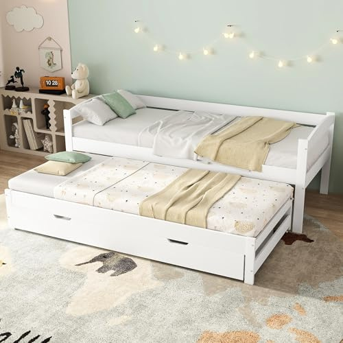 Soweiz Cama individual y doble, cama corredera con ruedas inferiores, con 2 cajones de MDF, marco de madera maciza, blanco (200 x 90 cm/190 x 90 cm)