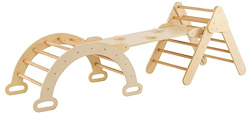 COSTWAY 3 in 1 Toddler Climbing Frame, Kids Wooden Climber Toys Set with Arch, Reversible Ramp, Indoor Montessori Play Gym for Boys Girls 1 Years Old+ (Natural)