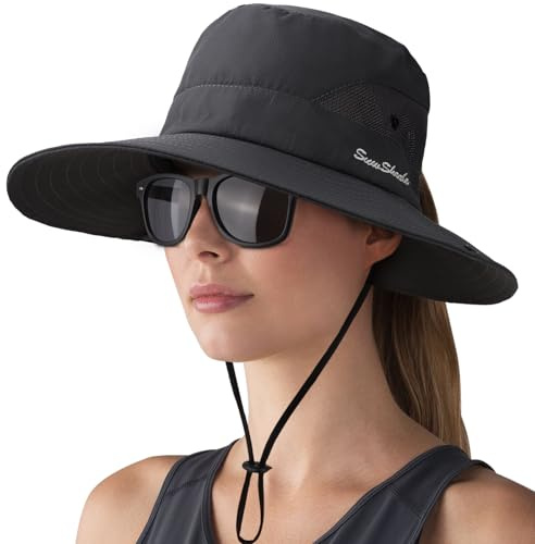 DRESHOW Mujer Sol Sombrero Al aire Libre UV Protección Sombrero Plegable Ala Ancha Pesca Ponytail Playa Bucket Sombreros con Gafas