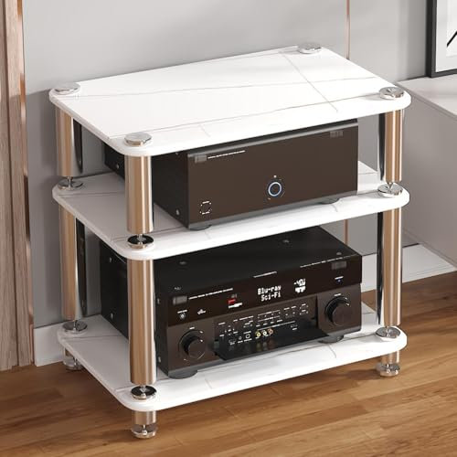 LYXWGRZD 4-stufiger Audio Rack HiFi Regal, HiFi Rack mit reichlich Stauraum, Plattenspieler Regal, gehärtetes Glas, Phonoschrank mit stoßdämpfenden Fußspikes, starke Tragfähigkeit(Wit,57cm/22.4in)