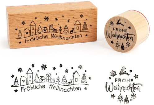 BOOMTOP 2Pcs Weihnachten Stempel Holz Stempel Frohe Weihnachten Motivstempel Fröhliche Weihnachten Stempelset Dekostempel zum Basteln DIY Kartenherstellung Scrapbooking Geschenk Rund Recheckig