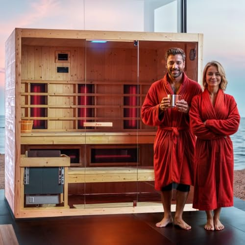 GLOBAL RELAX® | DHARANI Combi Sauna Infrarrojos y Vapor hasta 4 ó 5 Personas | Abeto I Temperatura Regulable I LED I Infrarrojo 1500w + Vapor 8000w I Sonido 3D I Elimina toxinas I Relajación Muscular