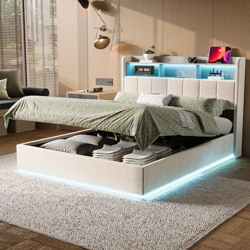 NNXHWY Cama Acolchada 140x200 cm con luz LED, Cama Matrimonio con Almacenamiento, Cama tapizada hidráulica con Puerto USB, Camas Matrimonio Caja, Cabecero con Almacenamiento (140 x 200 cm)