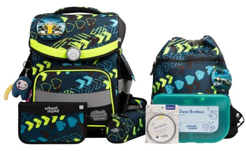 SCHOOL-MOOD Timeless Pro Schulranzenset 7-teilig 23,5L Stauraum, ergonomisches Easy Fit System für 1 m bis 1,50 m Körpergröße, standfest, wasserdichter Stoff mit Reflektoren (Elias Rennwagen)