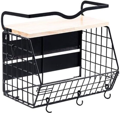 CAKEEYUM Magnetic Shelf with Wood Lid, Heavy Duty Iron Magnetic Basket with 4 Hooks Fruit Spice Wall Basket for Kitchen Organization and Storage Pantry Storage Shelf for Fridge