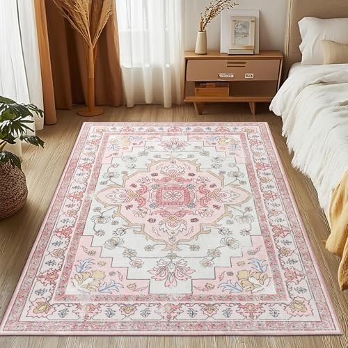 MOSISO 152x213 cm Area Rug for Living Room, Washable Non Slip Vintage National Area Rug, Low Pile Carpet, Faux Wool rectangular Carpet For Parlor Bedroom Dining Room, Home, Pink