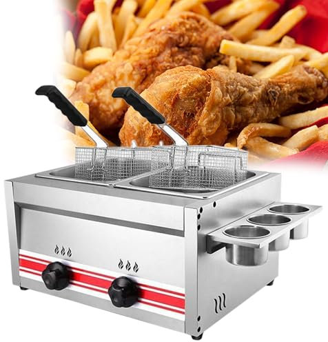 Friggitrice a Gas Commerciale, Friggitrice da Cucina a Doppia Vasca in acciaio inossidabile da Banco da 20 litri,con 2 Cestelli e Coperchio Rimovibili,per Patatine Fritte,Ciambelle di Tacchino