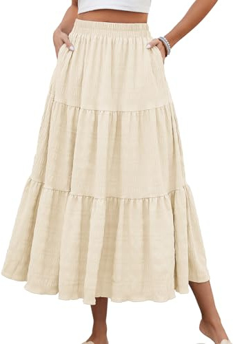 HUSKARY Skirts for Women Trendy Summer Casual High Waisted Flowy Maxi Skirt Spring Loose Tiered Layered Beach Skirt,Beige,Large