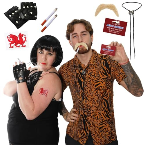 I LOVE FANCY DRESS Adults TV Characters Couples Costume - Bob Wig Welsh Tattoo Gloves Fake Cigarettes | Tiger Print Shirt Bolo Tie Tash Business Card - Large