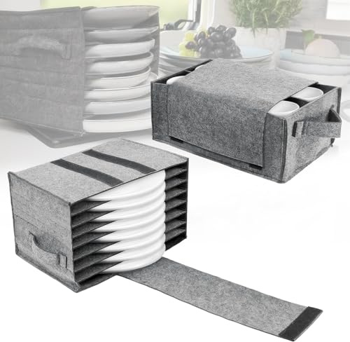 OUZHOU 2 PCS Camping Storage Bag, Felt Plate and Mug Storage Box, Tableware Organiser Storage Bag with Dividers, Caravan Motorhome Plate Holder for Protecting Motorhome Cupboard Kitchen Cookware