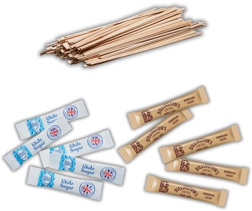 300 Pack – 100 SilverSpoon White Sugar Sachets, 100 Billington's Brown Sugar Sachets, 100 Wooden Coffee Stirrers | Individually Wrapped Sugar Sticks & Stirrers Set | Espresso Yourself