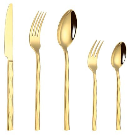 Générique Ensemble de Couverts en Acier Inoxydable avec Manche en Diamant forgé Comprenant Un Couteau à Steak, Une Fourchette, Une cuillère à café et Un Couteau à Steak doré 5 pièces