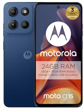 Motorola Moto g15 24GB (8G+16GB RAM Boost)/256GB Azul, España, Pantalla de 6.72'' FHD+, Sistema de cámaras de 50 MP y Objetivo Ultra Gran Angular, Batería 5200 mAh, Carga TurboPower, Soft Luxe