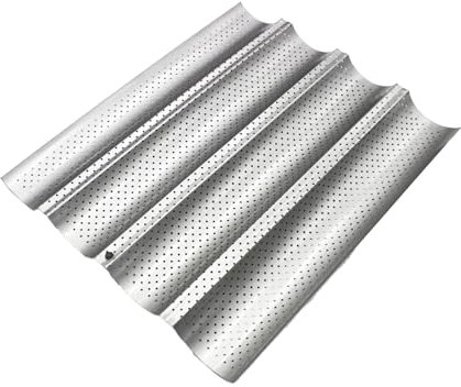 XPAPOV Molde para baguette, accesorios para hornear pan, bandeja para baguette con revestimiento antiadherente para 4 baguettes, bandeja para pan (38 x 32,5 x 2,5 cm, plata)