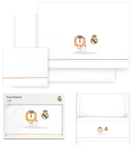 Interbaby - Juego de sábanas para Minicuna Real Madrid – Juego de Sábanas 3 Piezas con León y Escudo Bordado – 100% Algodón Suave y Transpirable – Producto Oficial para Bebé Recién Nacido