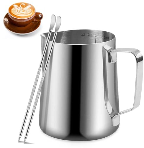 Milukon Milk Frothing Pitcher, 350ml Stainless Steel Milk Jug with Measurement Mark and 2 Decorating Pen for Making Latte Art and Cappuccino Coffee, Silver/12OZ