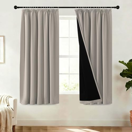 BellaHills 100% Blackout Curtains for Bedroom Thermal Insulated Curtains & Drapes for Living Room Short Window Curtain Pencil Pleat Back Tab Rod Pocket 2 Panels, W46 X L54, Natural Sand
