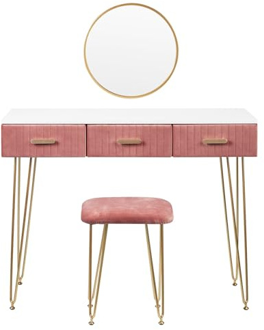Tavolo Trucco Crea un set da toeletta con specchio arrotondato, toletta con 3 cassetti scorrevoli, tavolo da trucco moderno for camera da letto e set di sgabelli imbottiti for donne e ragazze Toilette
