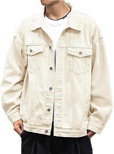 Generisch Giacca da uomo in jeans Trucker, giacca college con bottoni a scatto e tasche multiple, giacca da mezza stagione, taglie grandi, revers, denim, giacca casual, sportiva, tinta unita