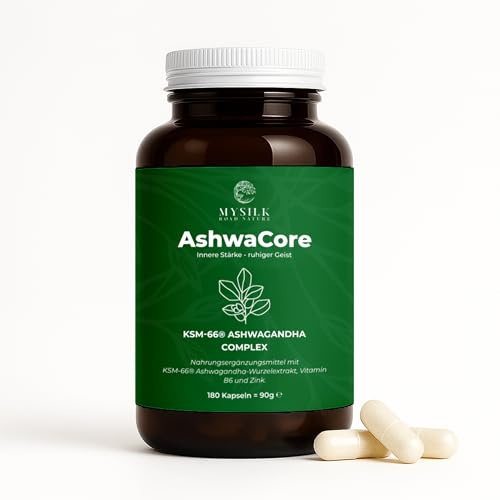 AshwaCore | Ashwagandha KSM-66® 600 mg mit Zink & Vitamin B6 | Pflanzenextrakt aus Wurzelbasis mit ausgewählten Mikronährstoffen | Laborgeprüft in Deutschland | 180 Kapseln