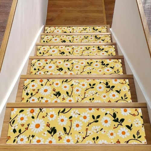Tappetini per scale in legno, motivo margherite, colore giallo, confezione da 15 pezzi, 76,2 x 20,3 cm, antiscivolo, per interni, per cani, bambini, anziani, con adesivo riutilizzabile