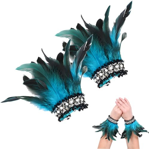 Snhauxinfa 1 Paar Pfau Kostüm Damen,Pfauenfedern,Manschetten Pfauenfeder für Karneval Pfauen Accessoires,Feder-Manschetten Kopfschmuck,Kostüme Cosplay Party,Blau