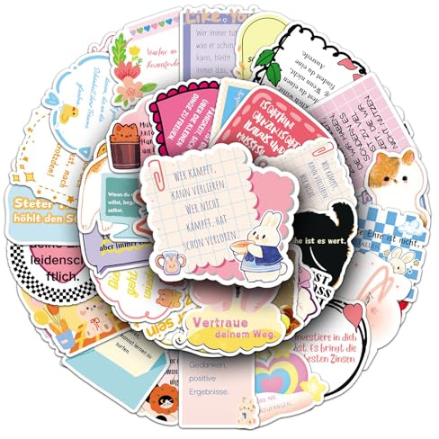 Nurila 50 Stück Sticker Sprüche, Deutsch Inspirierende Zitate | Wasserdicht Aufkleber Motivation, Sprüche Aufkleber für Sammelalbum, Notizbuch, Kühlschrank, Bücher, Tasse
