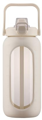 BLUEGO Bouteille D'eau 2L avec Paille et Poignée,Verre borosilicate Gourde avec Housse en Silicone pour Sport et Voyages,Anti-fuite,Sans BPA, Blanc