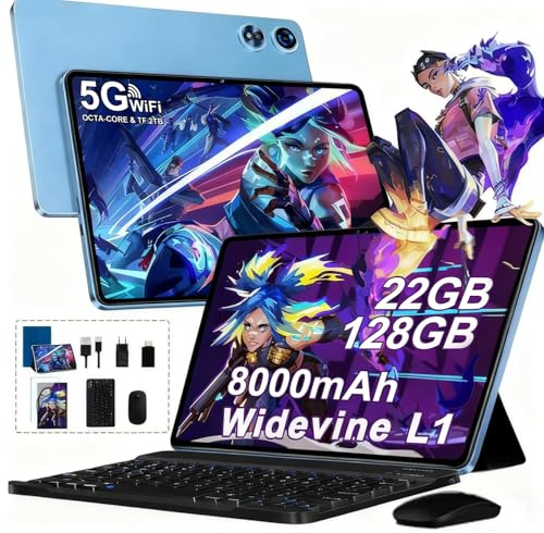 2026 Tablette Android 10 Pouces avec Gemini AI, 22GoRAM + 128 Go ROM (Extensible Jusqu'à 2 To), WiFi 6, 8000 mAh, Widevine L1, Octa-Core, BT 5.0, 5+8 MP, Tablette Tactile avec Clavier et Souris (Bleu)