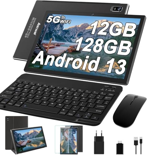 fezawio Tablette 10 Pouces Android 13, 12GO RAM + 128GO ROM (TF 512GO), Octa - Core 2.0GHz, 8000mAh avec 5G WiFi, Bluetooth 5.0, Tablette avec Étui De Protection - Noir
