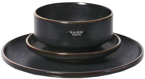 wilko Kaiseki 12 Piece Dinner Set, Black Speckle with Gold Edge, Dishwasher and Microwave Safe, Japanese Zen Collection, Modern Dining
